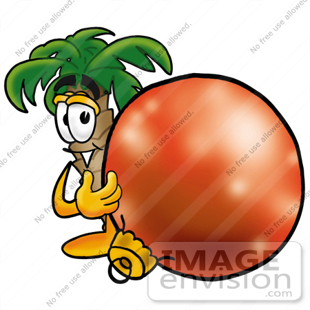 #25039 Clip Art Graphic of a Tropical Palm Tree Cartoon Character Standing With a Christmas Bauble by toons4biz