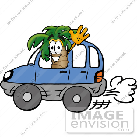 #25040 Clip Art Graphic of a Tropical Palm Tree Cartoon Character Driving a Blue Car and Waving by toons4biz