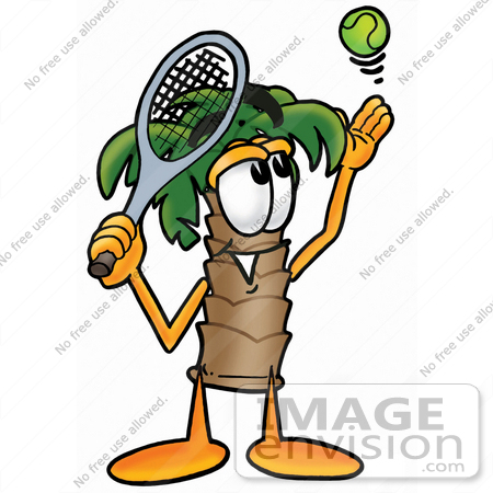 #25043 Clip Art Graphic of a Tropical Palm Tree Cartoon Character Preparing to Hit a Tennis Ball by toons4biz
