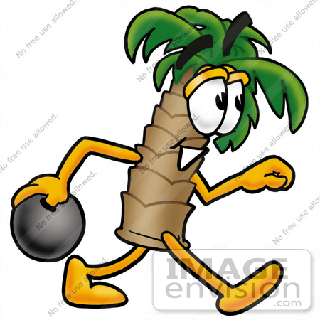 #25051 Clip Art Graphic of a Tropical Palm Tree Cartoon Character Holding a Bowling Ball by toons4biz
