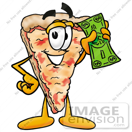 #25053 Clip Art Graphic of a Cheese Pizza Slice Cartoon Character Holding a Dollar Bill by toons4biz