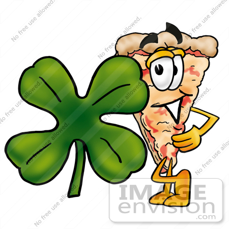 #25054 Clip Art Graphic of a Cheese Pizza Slice Cartoon Character With a Green Four Leaf Clover on St Paddy’s or St Patricks Day by toons4biz