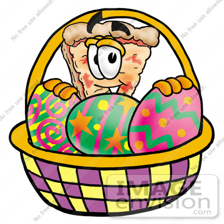 #25056 Clip Art Graphic of a Cheese Pizza Slice Cartoon Character in an Easter Basket Full of Decorated Easter Eggs by toons4biz