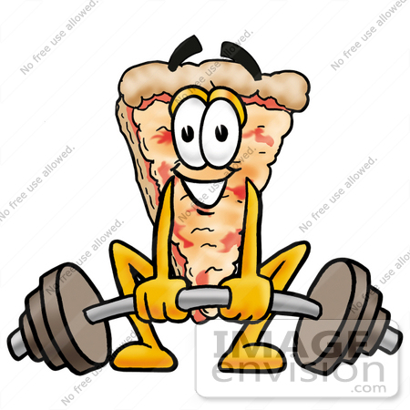 #25057 Clip Art Graphic of a Cheese Pizza Slice Cartoon Character Lifting a Heavy Barbell by toons4biz