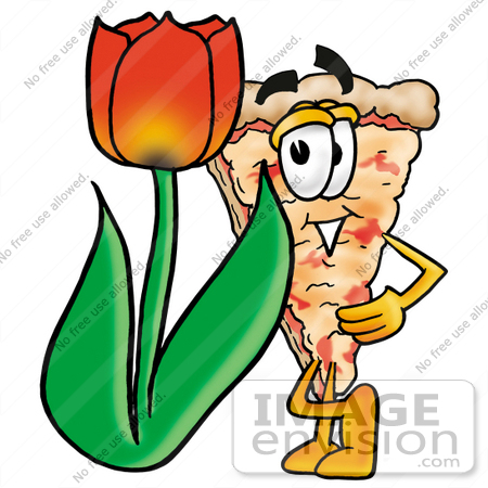 #25063 Clip Art Graphic of a Cheese Pizza Slice Cartoon Character With a Red Tulip Flower in the Spring by toons4biz
