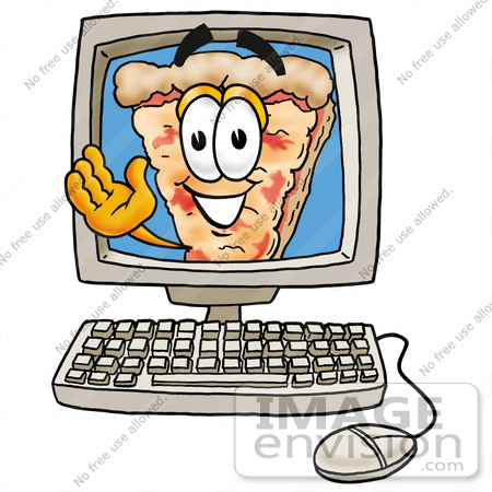 #25064 Clip Art Graphic of a Cheese Pizza Slice Cartoon Character Waving From Inside a Computer Screen by toons4biz