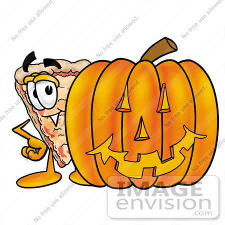 #25067 Clip Art Graphic of a Cheese Pizza Slice Cartoon Character With a Carved Halloween Pumpkin by toons4biz