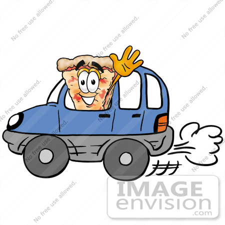 #25068 Clip Art Graphic of a Cheese Pizza Slice Cartoon Character Driving a Blue Car and Waving by toons4biz