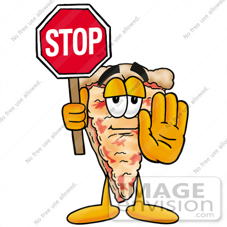 #25069 Clip Art Graphic of a Cheese Pizza Slice Cartoon Character Holding a Stop Sign by toons4biz