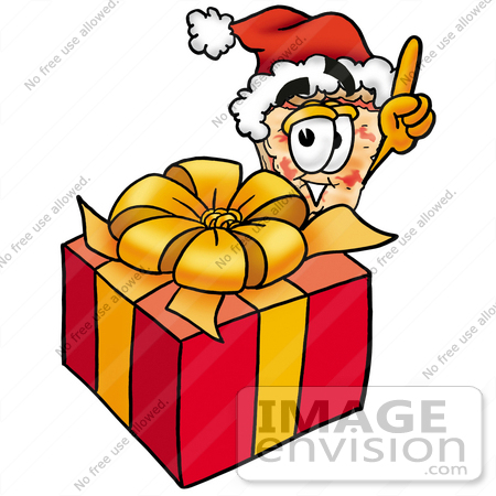 #25070 Clip Art Graphic of a Cheese Pizza Slice Cartoon Character Standing by a Christmas Present by toons4biz