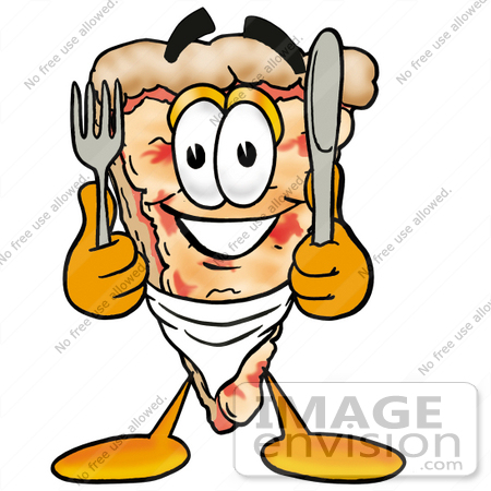 #25071 Clip Art Graphic of a Cheese Pizza Slice Cartoon Character Holding a Knife and Fork by toons4biz