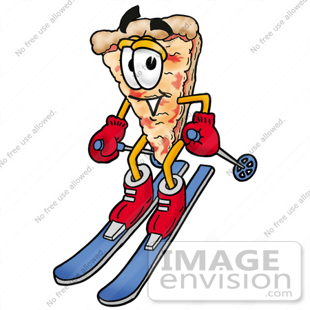 #25072 Clip Art Graphic of a Cheese Pizza Slice Cartoon Character Skiing Downhill by toons4biz