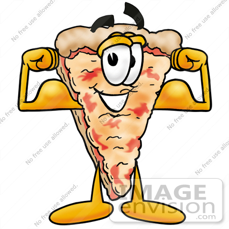 #25074 Clip Art Graphic of a Cheese Pizza Slice Cartoon Character Flexing His Arm Muscles by toons4biz