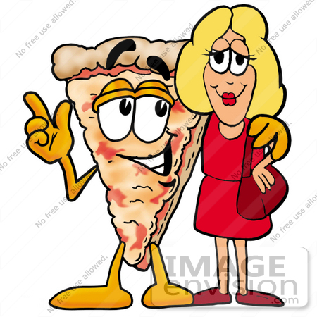 #25075 Clip Art Graphic of a Cheese Pizza Slice Cartoon Character Talking to a Pretty Blond Woman by toons4biz