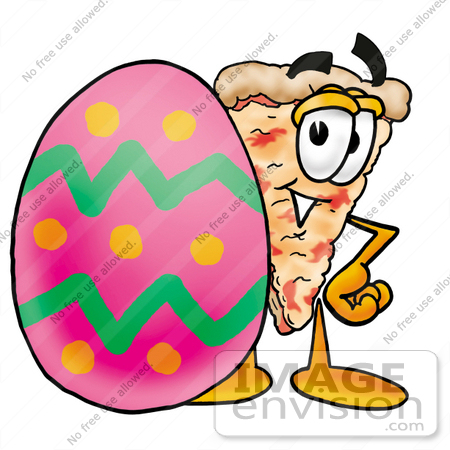 #25076 Clip Art Graphic of a Cheese Pizza Slice Cartoon Character Standing Beside an Easter Egg by toons4biz