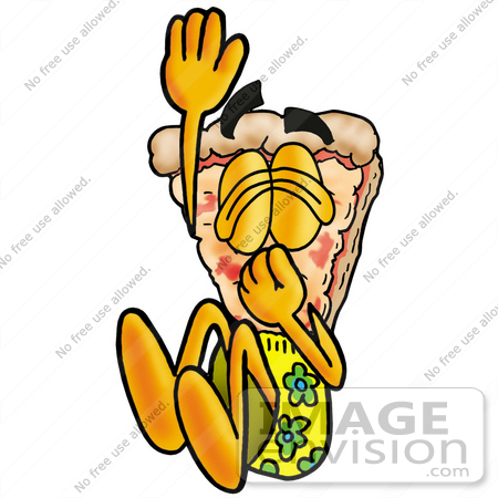 #25077 Clip Art Graphic of a Cheese Pizza Slice Cartoon Character Plugging His Nose While Jumping Into Water by toons4biz