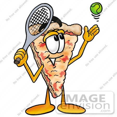 #25078 Clip Art Graphic of a Cheese Pizza Slice Cartoon Character Preparing to Hit a Tennis Ball by toons4biz