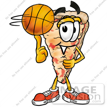 #25079 Clip Art Graphic of a Cheese Pizza Slice Cartoon Character Spinning a Basketball on His Finger by toons4biz