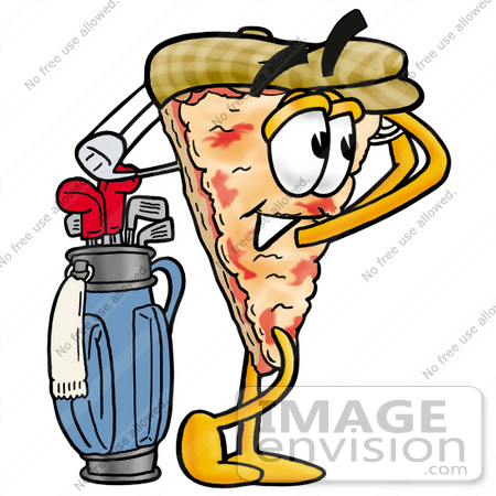 #25080 Clip Art Graphic of a Cheese Pizza Slice Cartoon Character Swinging His Golf Club While Golfing by toons4biz