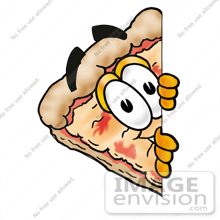 #25081 Clip Art Graphic of a Cheese Pizza Slice Cartoon Character Peeking Around a Corner by toons4biz