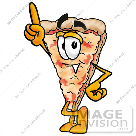 #25082 Clip Art Graphic of a Cheese Pizza Slice Cartoon Character Pointing Upwards by toons4biz