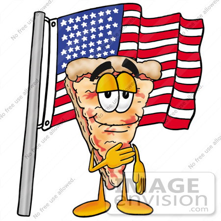 #25083 Clip Art Graphic of a Cheese Pizza Slice Cartoon Character Pledging Allegiance to an American Flag by toons4biz