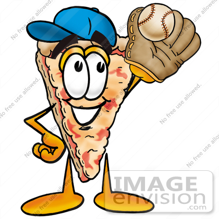 #25085 Clip Art Graphic of a Cheese Pizza Slice Cartoon Character Catching a Baseball With a Glove by toons4biz
