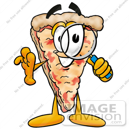 #25087 Clip Art Graphic of a Cheese Pizza Slice Cartoon Character Looking Through a Magnifying Glass by toons4biz