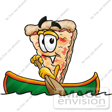 #25088 Clip Art Graphic of a Cheese Pizza Slice Cartoon Character Rowing a Boat by toons4biz