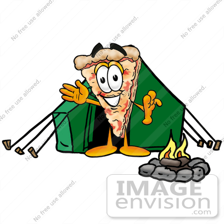 #25089 Clip Art Graphic of a Cheese Pizza Slice Cartoon Character Camping With a Tent and Fire by toons4biz