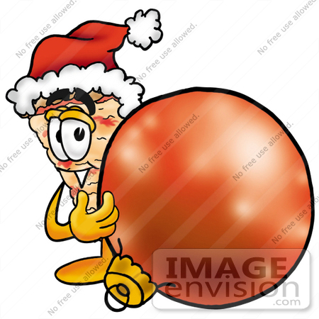#25090 Clip Art Graphic of a Cheese Pizza Slice Cartoon Character Wearing a Santa Hat, Standing With a Christmas Bauble by toons4biz