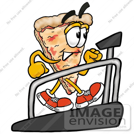 #25092 Clip Art Graphic of a Cheese Pizza Slice Cartoon Character Walking on a Treadmill in a Fitness Gym by toons4biz