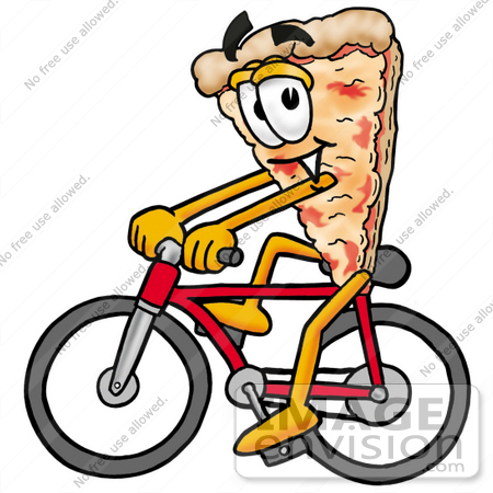 #25093 Clip Art Graphic of a Cheese Pizza Slice Cartoon Character Riding a Bicycle by toons4biz