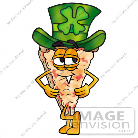 #25094 Clip Art Graphic of a Cheese Pizza Slice Cartoon Character Wearing a Saint Patricks Day Hat With a Clover on it by toons4biz