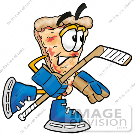 #25095 Clip Art Graphic of a Cheese Pizza Slice Cartoon Character Playing Ice Hockey by toons4biz