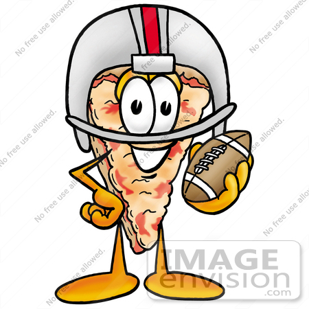 #25096 Clip Art Graphic of a Cheese Pizza Slice Cartoon Character in a Helmet, Holding a Football by toons4biz