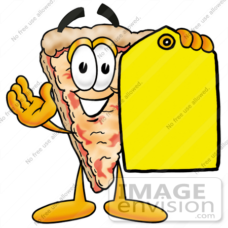 #25098 Clip Art Graphic of a Cheese Pizza Slice Cartoon Character Holding a Yellow Sales Price Tag by toons4biz