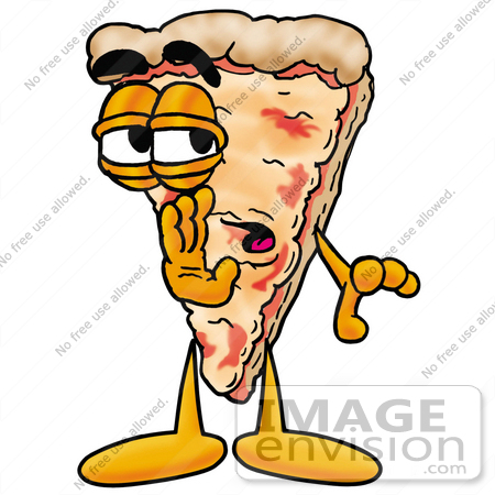 #25099 Clip Art Graphic of a Cheese Pizza Slice Cartoon Character Whispering and Gossiping by toons4biz