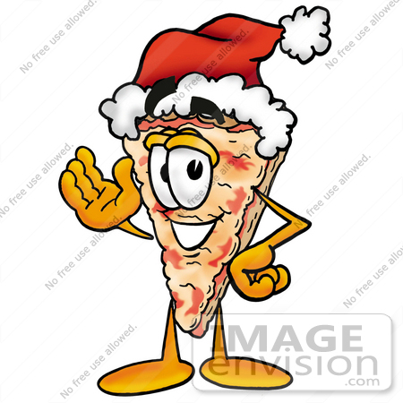 #25100 Clip Art Graphic of a Cheese Pizza Slice Cartoon Character Wearing a Santa Hat and Waving by toons4biz