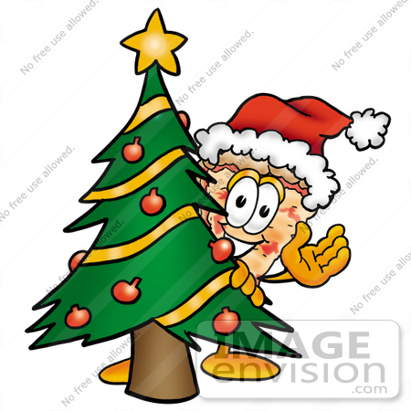 #25102 Clip Art Graphic of a Cheese Pizza Slice Cartoon Character Waving and Standing by a Decorated Christmas Tree by toons4biz