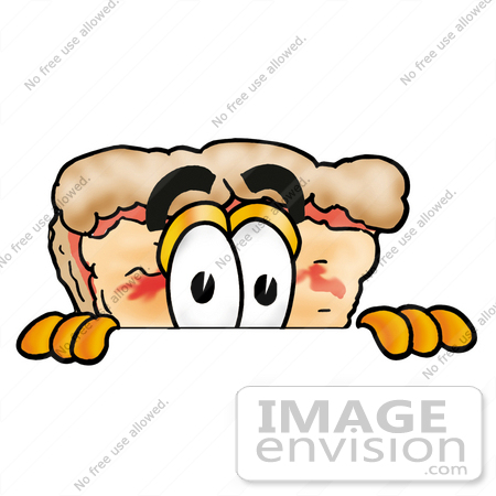#25103 Clip Art Graphic of a Cheese Pizza Slice Cartoon Character Peeking Over a Surface by toons4biz