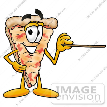 #25104 Clip Art Graphic of a Cheese Pizza Slice Cartoon Character Holding a Pointer Stick by toons4biz