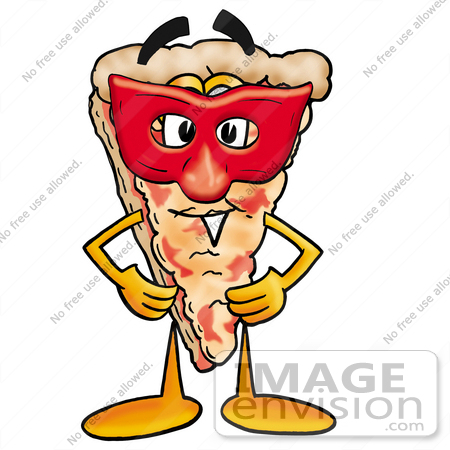 #25107 Clip Art Graphic of a Cheese Pizza Slice Cartoon Character Wearing a Red Mask Over His Face by toons4biz