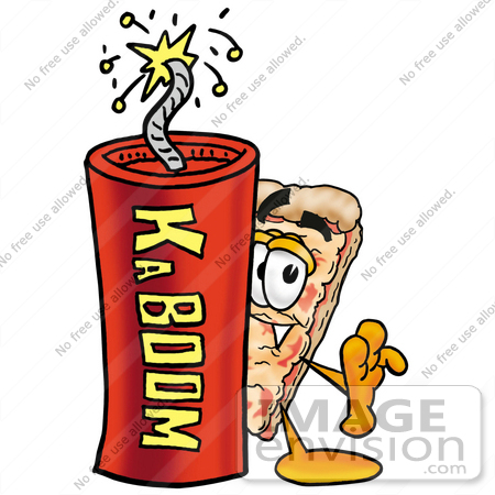 #25109 Clip Art Graphic of a Cheese Pizza Slice Cartoon Character Standing With a Lit Stick of Dynamite by toons4biz