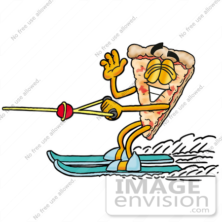 #25110 Clip Art Graphic of a Cheese Pizza Slice Cartoon Character Waving While Water Skiing by toons4biz