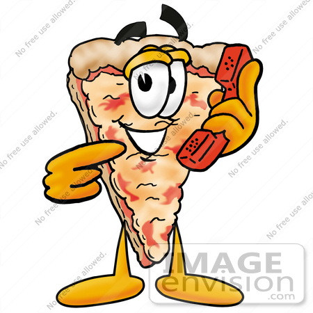 #25112 Clip Art Graphic of a Cheese Pizza Slice Cartoon Character Holding a Telephone by toons4biz