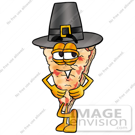 #25113 Clip Art Graphic of a Cheese Pizza Slice Cartoon Character Wearing a Pilgrim Hat on Thanksgiving by toons4biz