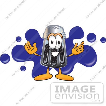 #25120 Clip Art Graphic of a Ground Pepper Shaker Cartoon Character Logo With Blue Paint Splatters by toons4biz