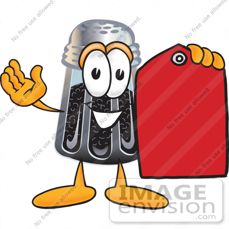 #25123 Clip Art Graphic of a Ground Pepper Shaker Cartoon Character Holding a Red Sales Price Tag by toons4biz