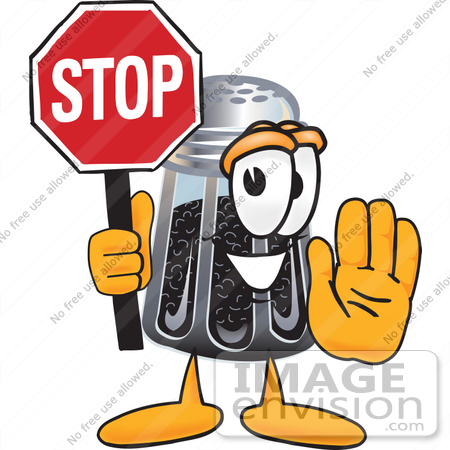 #25124 Clip Art Graphic of a Ground Pepper Shaker Cartoon Character Holding a Stop Sign by toons4biz